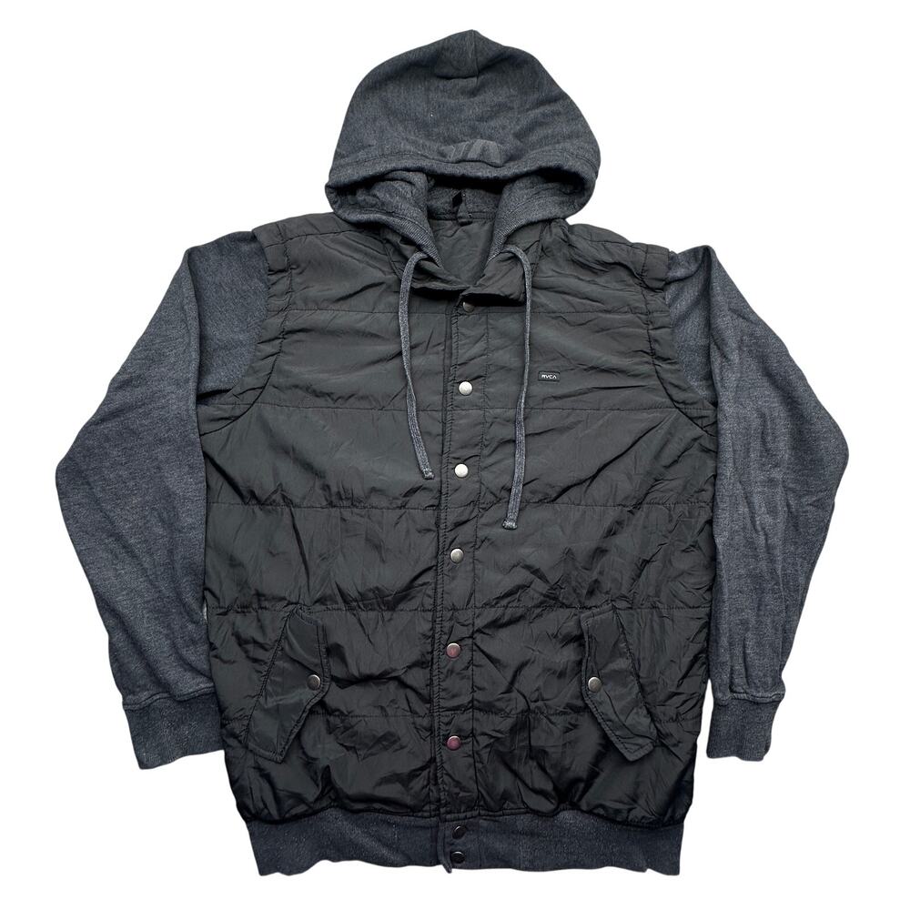 RVCA Puffer Hybrid Hoodie Sweatshirt Jacket Mens Medium Snap Button Black Gray